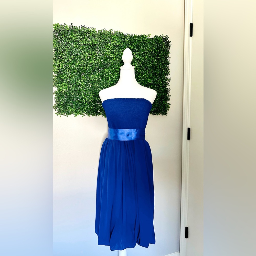 Cobalt Blue Chiffon Strapless Knee-Length Dress with Satin Sash Size Medium 6/8